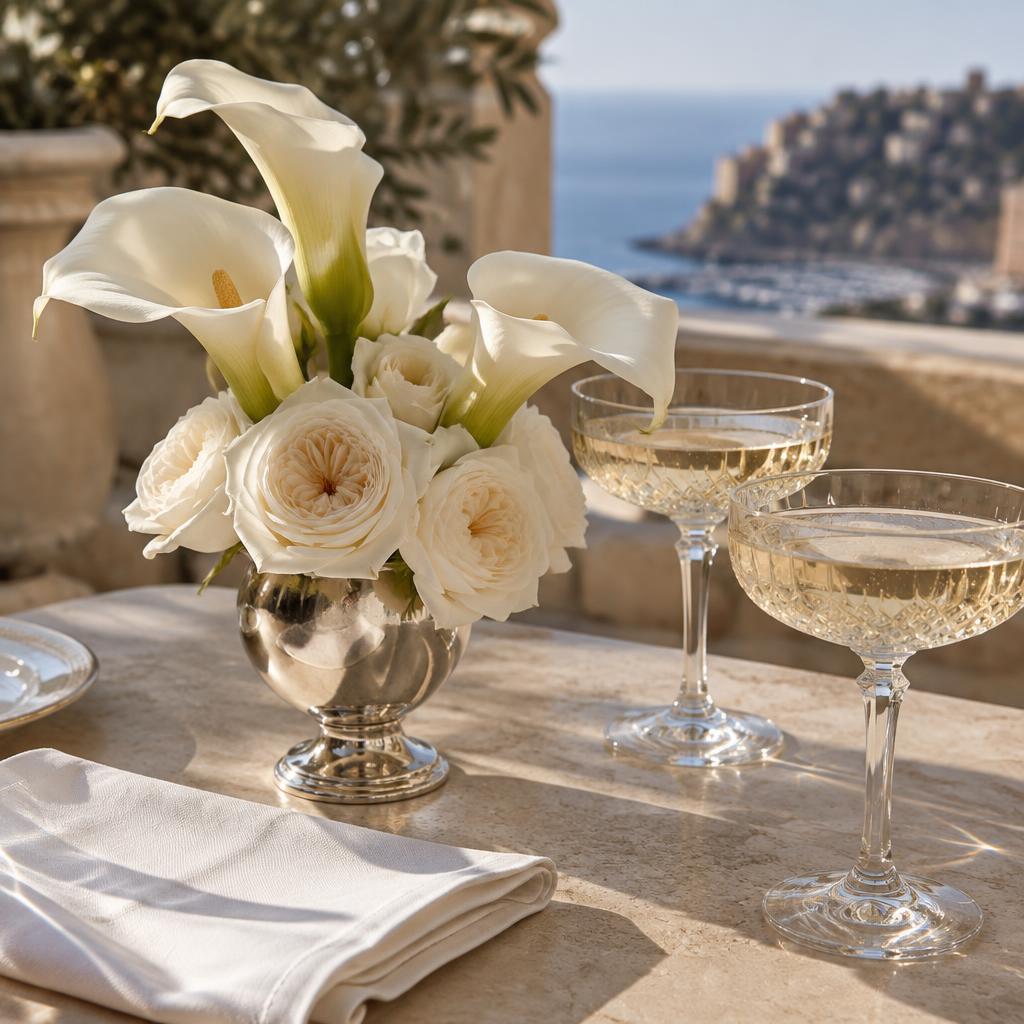 White roses and crystal champagne coupes