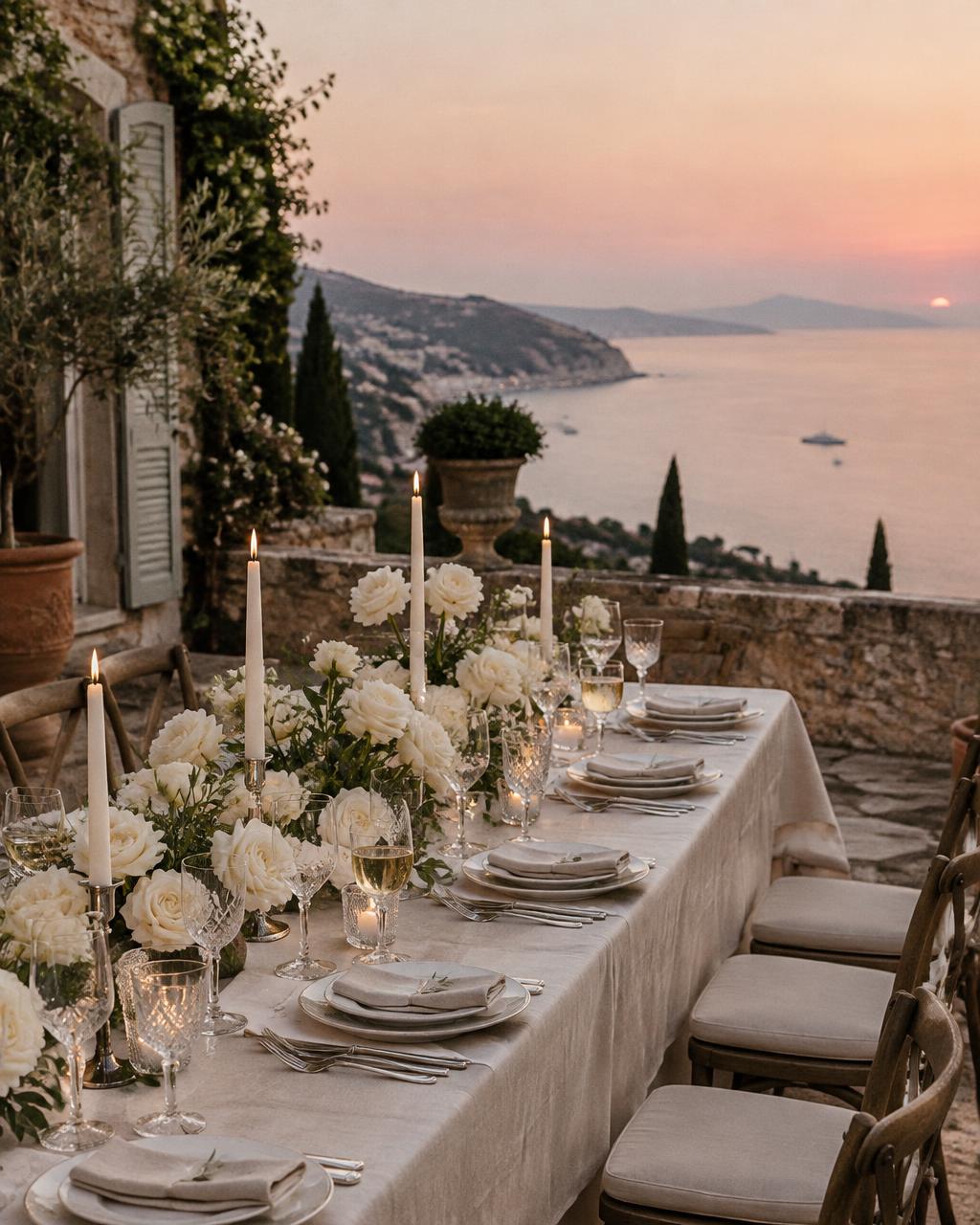 An intimate candlelit dinner overlooking the Riviera